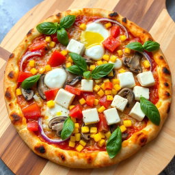 A gourmet pizza, elegantly crafted with a variety of fresh ingredients, showcasing a colorful assortment of diced red onions, vibrant red tomatoes, sweet yellow corn, earthy mushrooms, and rich creamy paneer cubes, all melted together under a bubbling layer of mozzarella cheese