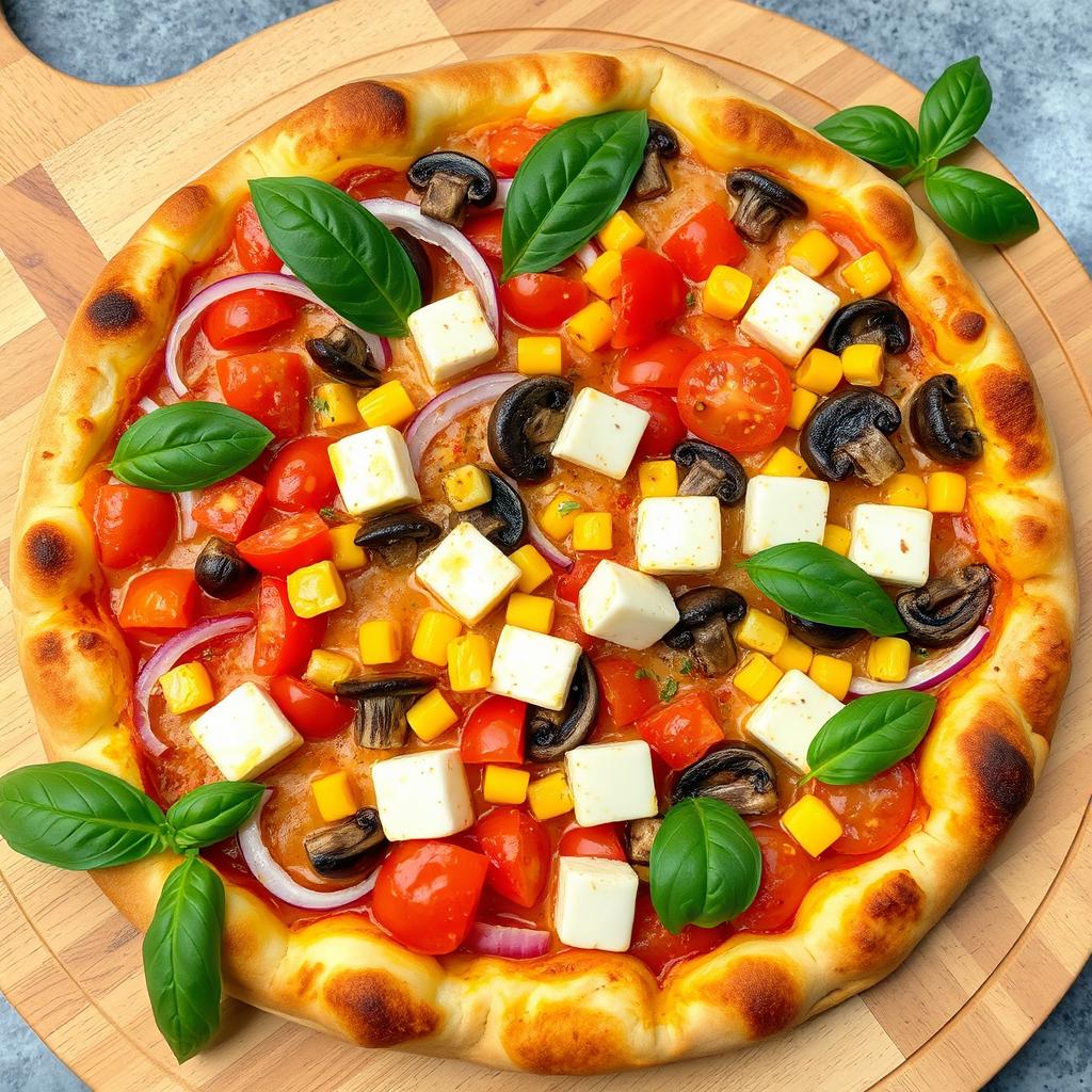 A gourmet pizza, elegantly crafted with a variety of fresh ingredients, showcasing a colorful assortment of diced red onions, vibrant red tomatoes, sweet yellow corn, earthy mushrooms, and rich creamy paneer cubes, all melted together under a bubbling layer of mozzarella cheese