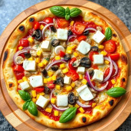 A gourmet pizza, elegantly crafted with a variety of fresh ingredients, showcasing a colorful assortment of diced red onions, vibrant red tomatoes, sweet yellow corn, earthy mushrooms, and rich creamy paneer cubes, all melted together under a bubbling layer of mozzarella cheese