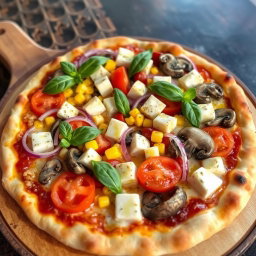 A beautifully crafted pizza topped with an eye-catching selection of fresh ingredients, including vibrant red onions, juicy ripe tomatoes, sweet golden corn, earthy mushrooms, and creamy paneer cubes, all melted together beneath a generous layer of bubbling mozzarella cheese