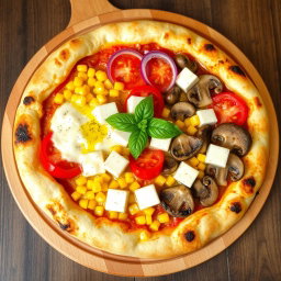 A beautifully crafted pizza topped with an eye-catching selection of fresh ingredients, including vibrant red onions, juicy ripe tomatoes, sweet golden corn, earthy mushrooms, and creamy paneer cubes, all melted together beneath a generous layer of bubbling mozzarella cheese