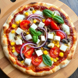 A beautifully crafted pizza topped with an eye-catching selection of fresh ingredients, including vibrant red onions, juicy ripe tomatoes, sweet golden corn, earthy mushrooms, and creamy paneer cubes, all melted together beneath a generous layer of bubbling mozzarella cheese