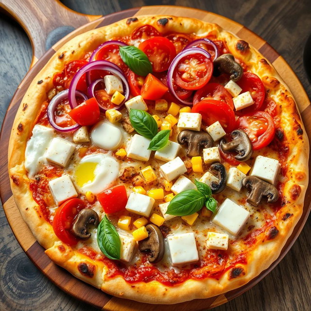 A beautifully crafted pizza topped with an eye-catching selection of fresh ingredients, including vibrant red onions, juicy ripe tomatoes, sweet golden corn, earthy mushrooms, and creamy paneer cubes, all melted together beneath a generous layer of bubbling mozzarella cheese