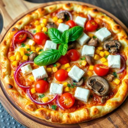 A stunningly presented gourmet pizza, topped with an array of fresh, colorful ingredients including bright red onions, vibrant cherry tomatoes, sweet corn, earthy mushrooms, and rich cubes of creamy paneer, all melted into a delicious layer of bubbling mozzarella cheese