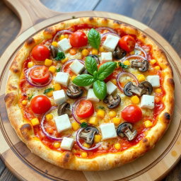 A stunningly presented gourmet pizza, topped with an array of fresh, colorful ingredients including bright red onions, vibrant cherry tomatoes, sweet corn, earthy mushrooms, and rich cubes of creamy paneer, all melted into a delicious layer of bubbling mozzarella cheese
