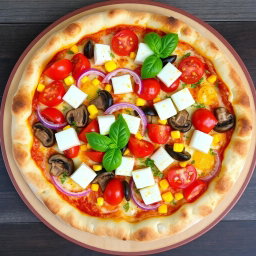 A stunningly presented gourmet pizza, topped with an array of fresh, colorful ingredients including bright red onions, vibrant cherry tomatoes, sweet corn, earthy mushrooms, and rich cubes of creamy paneer, all melted into a delicious layer of bubbling mozzarella cheese