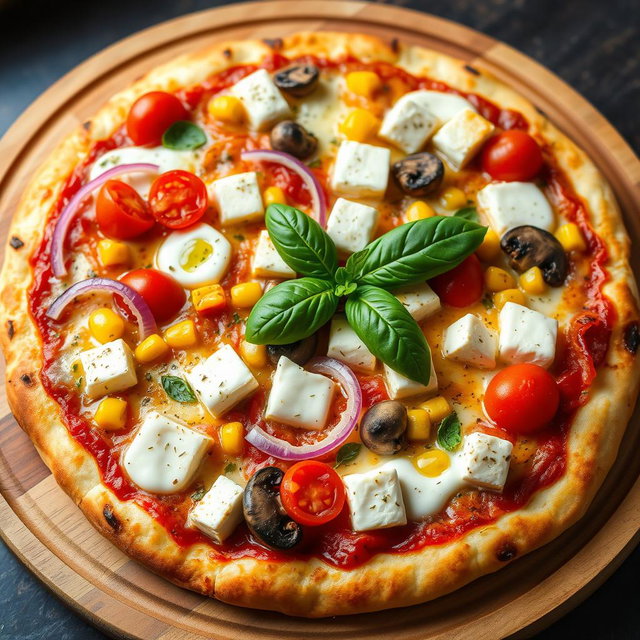 A stunningly presented gourmet pizza, topped with an array of fresh, colorful ingredients including bright red onions, vibrant cherry tomatoes, sweet corn, earthy mushrooms, and rich cubes of creamy paneer, all melted into a delicious layer of bubbling mozzarella cheese