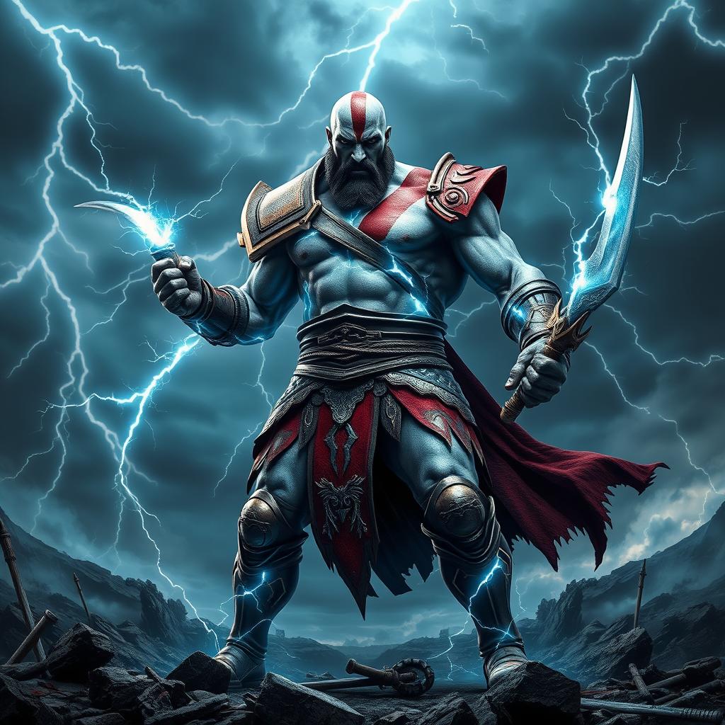 An electric version of Kratos, the God of War, depicted in a dynamic pose