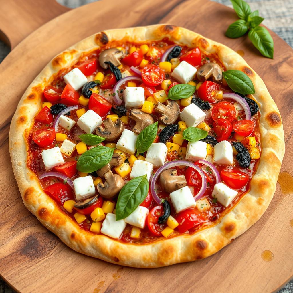 An artisanal pizza bursting with flavor and vibrancy, topped with a harmonious blend of fresh ingredients: ruby-red diced tomatoes, crunchy yellow corn, earthy sliced mushrooms, tangy red onions, and creamy paneer cubes, all nestled beneath a layer of ooey-gooey melted mozzarella cheese