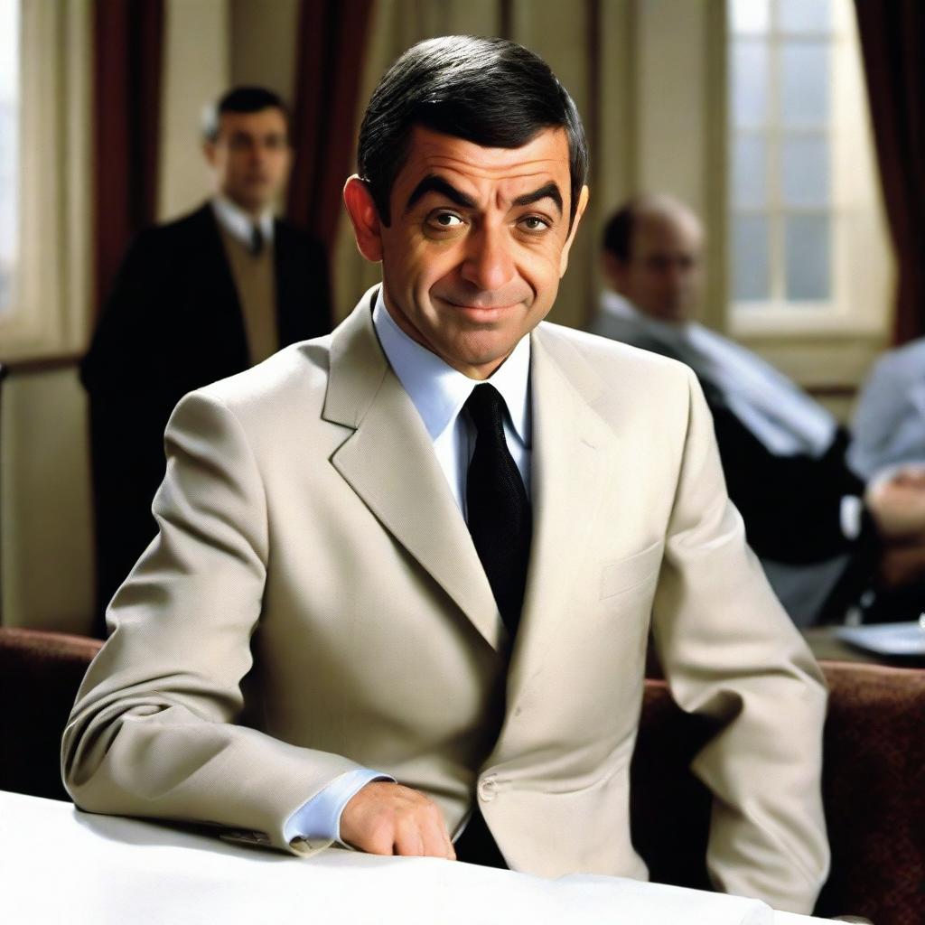 A comical scene featuring the character Johnny English, as portrayed by Rowan Atkinson, clad in a classic spy suit, donning a mischievous grin, and engaged in a humorous yet action-packed secret-agent scenario.