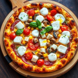 A gourmet pizza, masterfully baked to perfection, showcasing a golden-brown crust that is crispy on the outside yet soft and airy on the inside