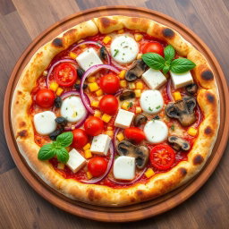 A gourmet pizza, masterfully baked to perfection, showcasing a golden-brown crust that is crispy on the outside yet soft and airy on the inside