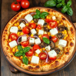 A gourmet pizza, masterfully baked to perfection, showcasing a golden-brown crust that is crispy on the outside yet soft and airy on the inside