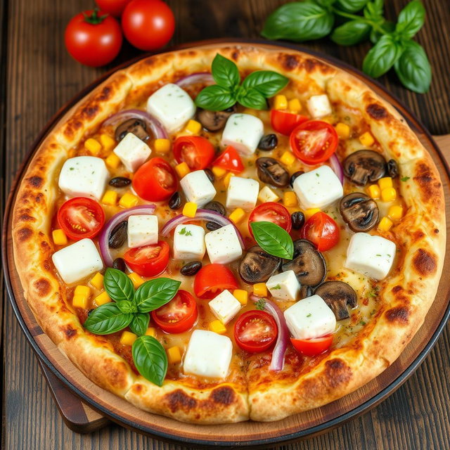 A gourmet pizza, masterfully baked to perfection, showcasing a golden-brown crust that is crispy on the outside yet soft and airy on the inside