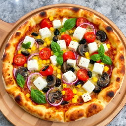 A gourmet pizza, masterfully baked to perfection, showcasing a golden-brown crust that is crispy on the outside yet soft and airy on the inside