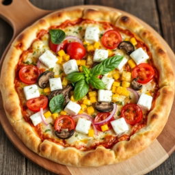 A beautifully baked gourmet pizza that exemplifies perfection, featuring a golden-brown, crispy crust that is both crunchy on the outside and fluffy on the inside