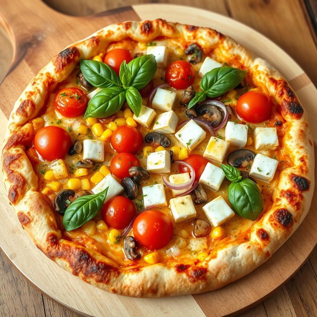 A beautifully baked gourmet pizza that exemplifies perfection, featuring a golden-brown, crispy crust that is both crunchy on the outside and fluffy on the inside