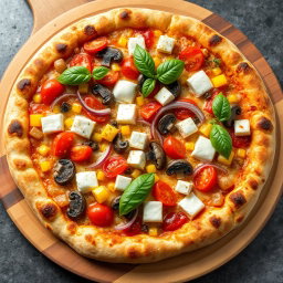 A perfectly baked gourmet pizza, featuring a crust that is beautifully golden-brown, crunchy on the outside and soft on the inside
