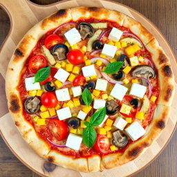 A perfectly baked gourmet pizza, featuring a crust that is beautifully golden-brown, crunchy on the outside and soft on the inside