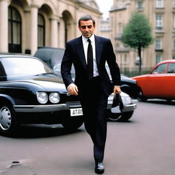 A comical scene featuring the character Johnny English, as portrayed by Rowan Atkinson, clad in a classic spy suit, donning a mischievous grin, and engaged in a humorous yet action-packed secret-agent scenario.