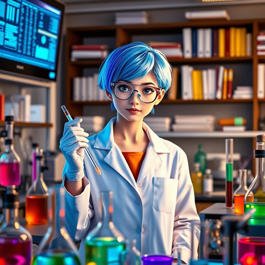 A young woman with short, bright blue hair, wearing a lab coat and safety goggles, standing in a modern laboratory filled with high-tech equipment and colorful chemical solutions
