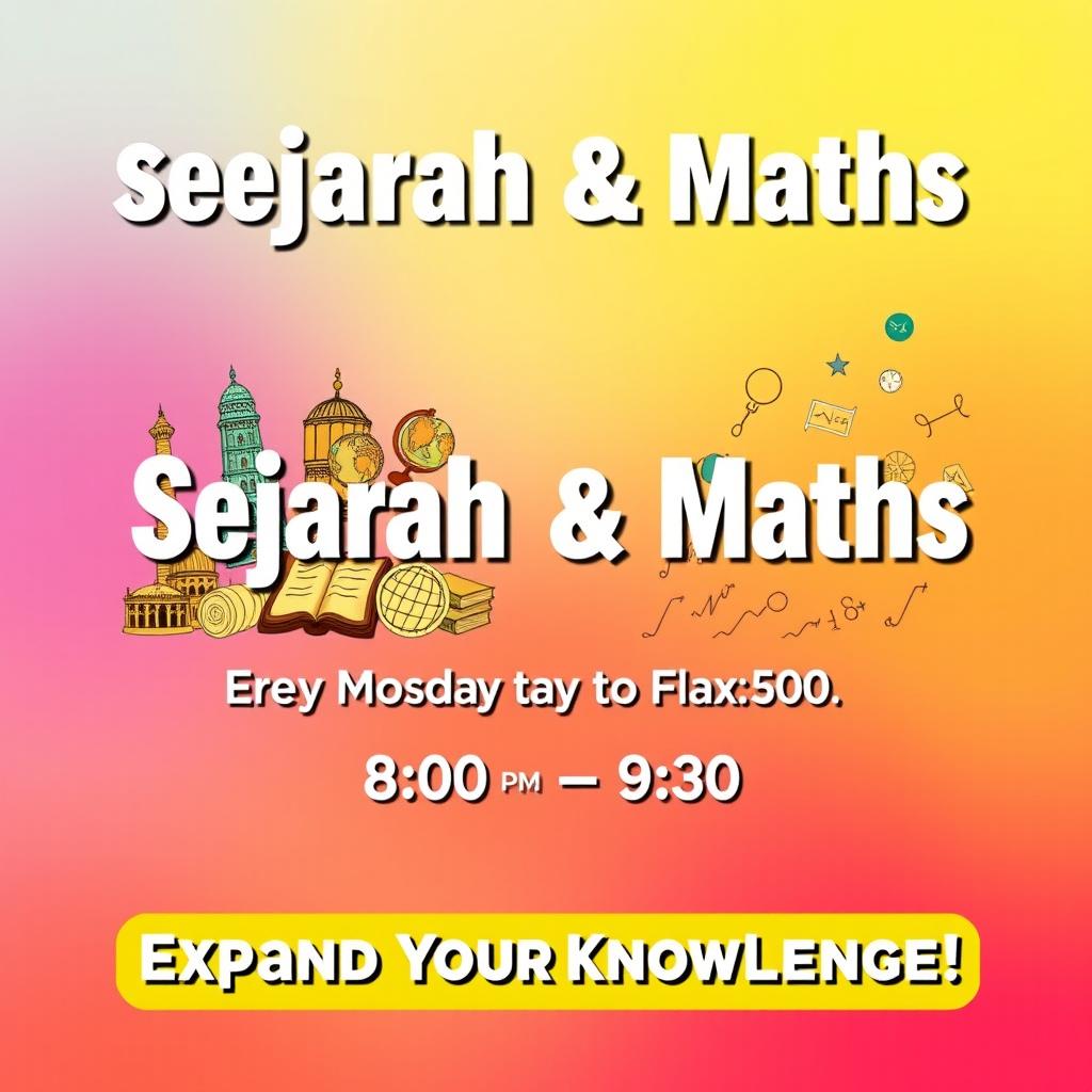 A vibrant tuition poster for Sejarah (History) and Maths subjects