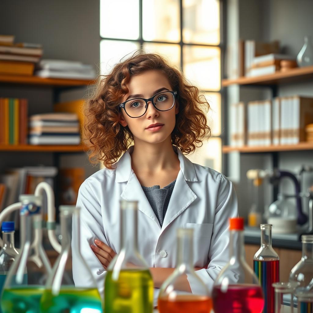 A young woman with curly brown hair, wearing a lab coat and glasses, standing in a well-equipped laboratory filled with various scientific instruments and colorful liquids in beakers