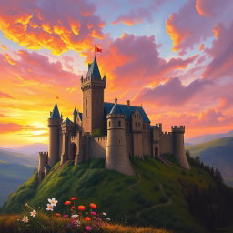 A stunning medieval castle set on a hillside during a dramatic sunset, with vibrant orange, pink, and purple hues filling the sky