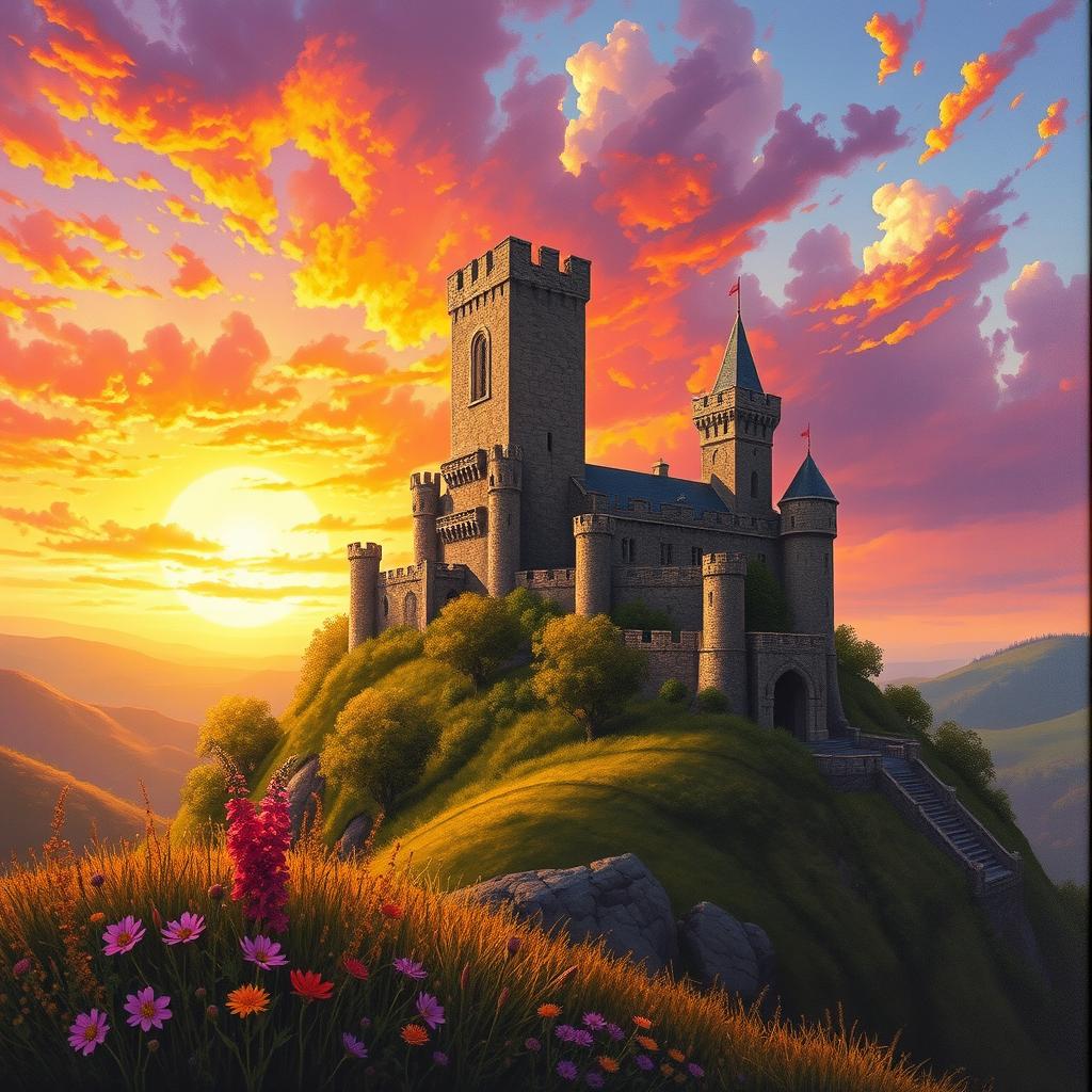 A stunning medieval castle set on a hillside during a dramatic sunset, with vibrant orange, pink, and purple hues filling the sky