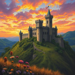 A stunning medieval castle set on a hillside during a dramatic sunset, with vibrant orange, pink, and purple hues filling the sky