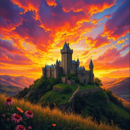 A stunning medieval castle set on a hillside during a dramatic sunset, with vibrant orange, pink, and purple hues filling the sky