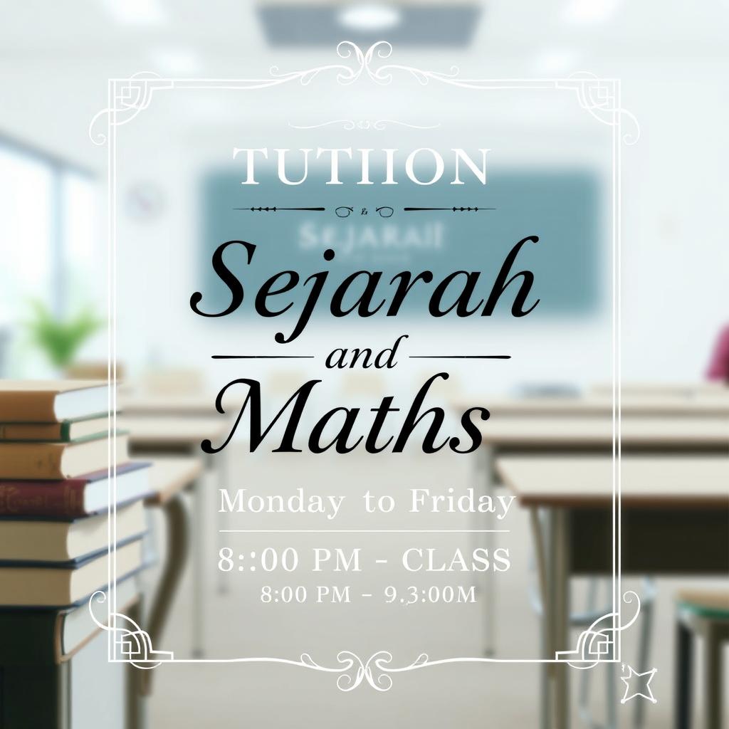 An elegant tuition poster featuring the subjects Sejarah (History) and Maths