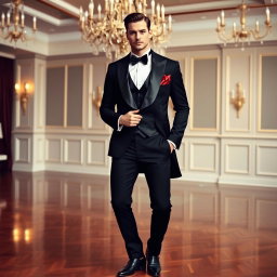 A stylish and sophisticated formal attire design featuring a tailored, classic black tuxedo with a satin peak lapel, a crisp white dress shirt, and a black bow tie
