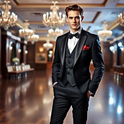 A stylish and sophisticated formal attire design featuring a tailored, classic black tuxedo with a satin peak lapel, a crisp white dress shirt, and a black bow tie