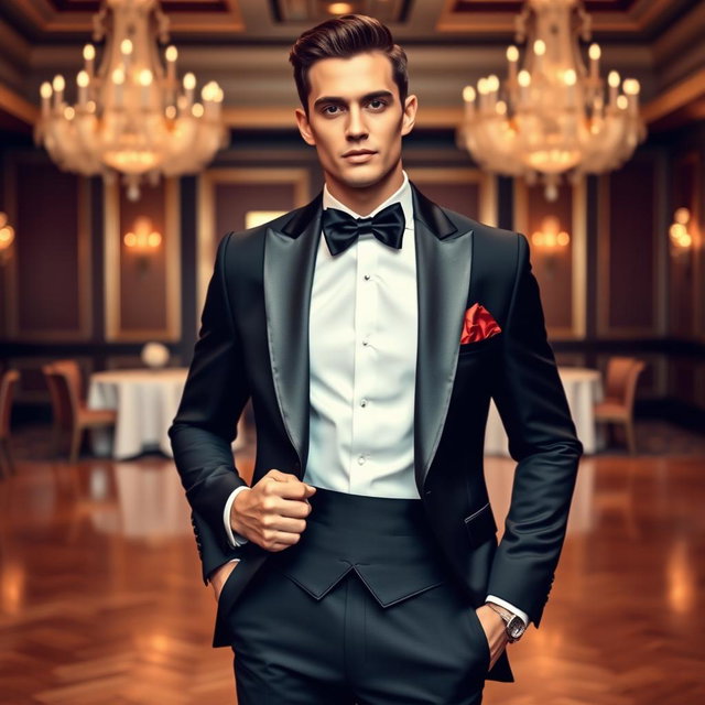 A stylish and sophisticated formal attire design featuring a tailored, classic black tuxedo with a satin peak lapel, a crisp white dress shirt, and a black bow tie