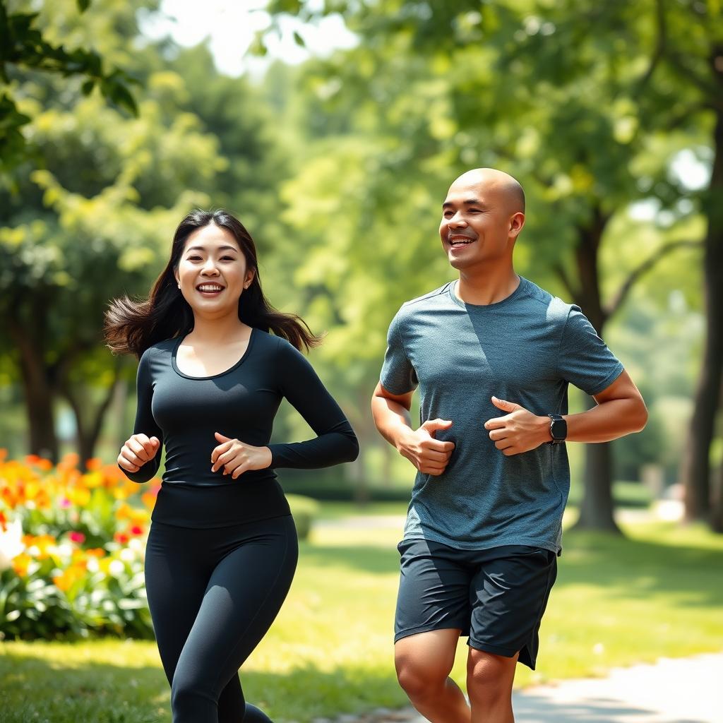 A beautiful Japanese woman in black sportswear, approximately 165 cm tall, with a slightly curvy body and a size 38 G chest, jogging alongside a handsome Indonesian man, who is 30 years old, bald-headed, 170 cm in height, and weighing 68 kg
