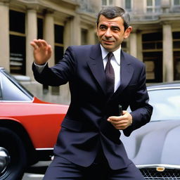 A comical scene featuring the character Johnny English, as portrayed by Rowan Atkinson, clad in a classic spy suit, donning a mischievous grin, and engaged in a humorous yet action-packed secret-agent scenario.