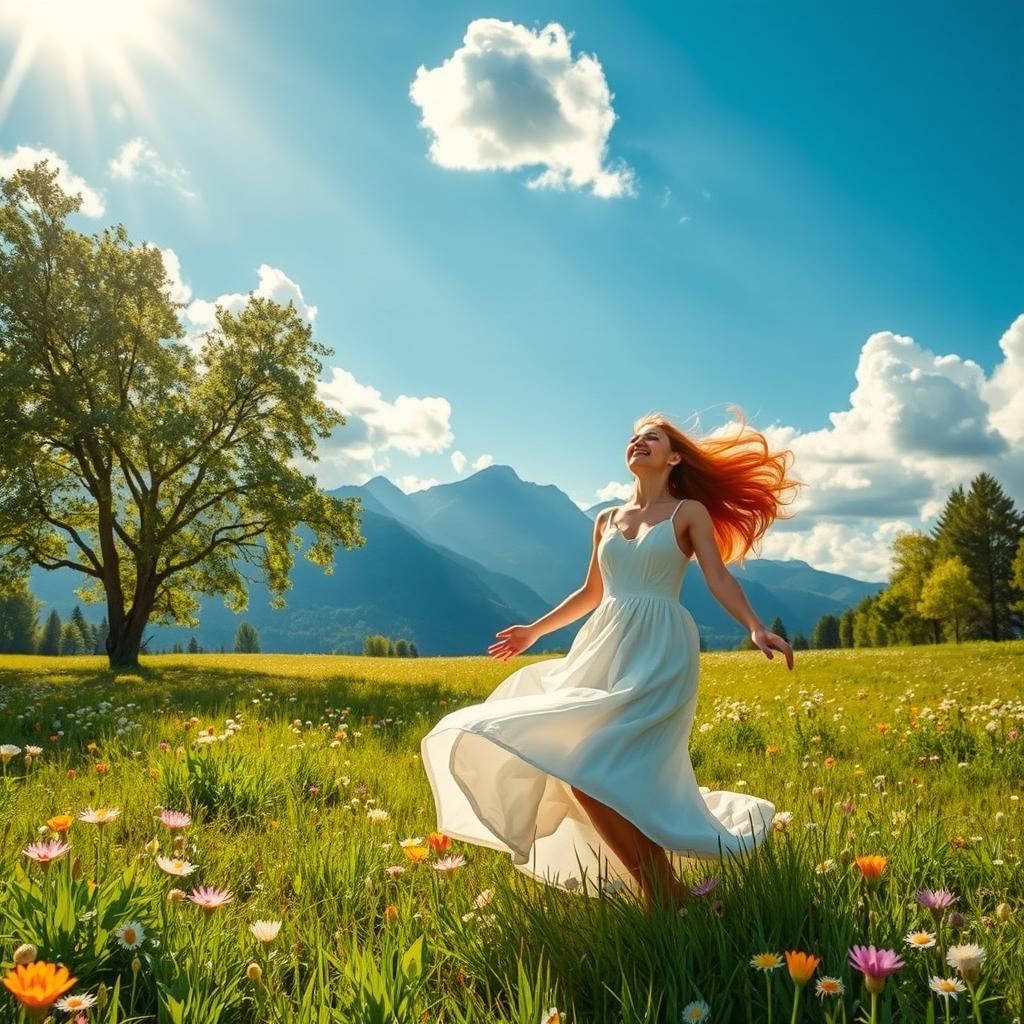 A vibrant summer landscape showcasing a lush green meadow dotted with wildflowers, under a clear blue sky with fluffy white clouds