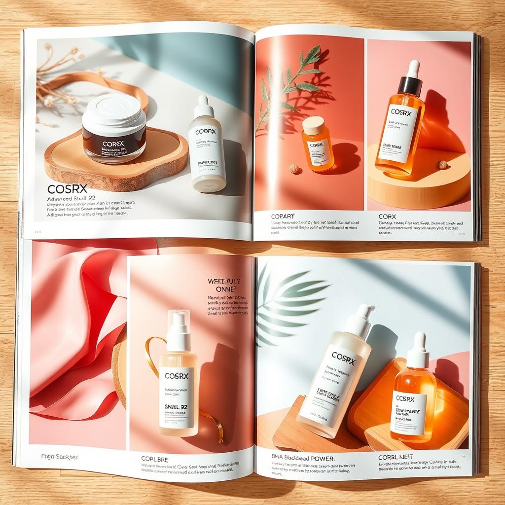 A stylish photo magazine layout featuring various COSRX skincare products