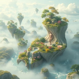 An ethereal, dreamlike landscape that embodies the concept of somatica, featuring surreal elements like floating islands, lush vegetation, and sparkling rivers