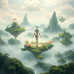 An ethereal, dreamlike landscape that embodies the concept of somatica, featuring surreal elements like floating islands, lush vegetation, and sparkling rivers