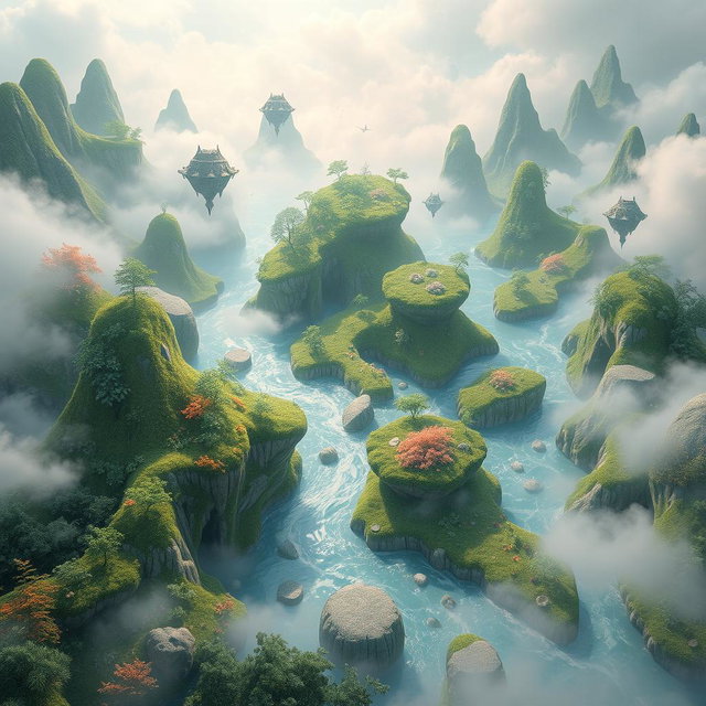 An ethereal, dreamlike landscape that embodies the concept of somatica, featuring surreal elements like floating islands, lush vegetation, and sparkling rivers