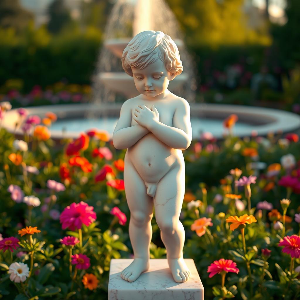 A statue representing a good child, depicted with an innocent and serene posture, crafted from smooth, luminous marble