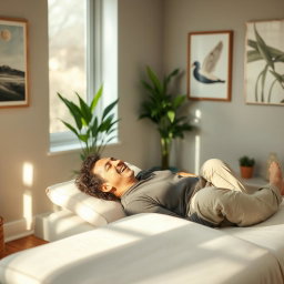 A serene therapy room with a warm and inviting atmosphere, featuring a comfortable therapy couch where a person is lying down and laughing joyfully