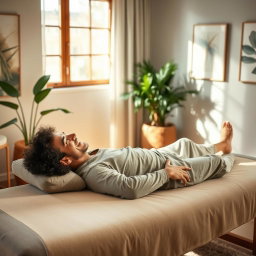 A serene therapy room with a warm and inviting atmosphere, featuring a comfortable therapy couch where a person is lying down and laughing joyfully