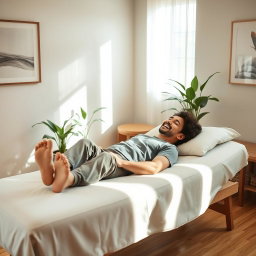 A serene therapy room with a warm and inviting atmosphere, featuring a comfortable therapy couch where a person is lying down and laughing joyfully