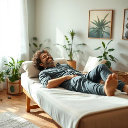 A serene therapy room with a warm and inviting atmosphere, featuring a comfortable therapy couch where a person is lying down and laughing joyfully
