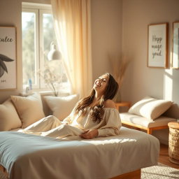 A tranquil therapy room designed for somatic therapy, showcasing a comfortable therapy couch where a person is lying back and laughing joyfully