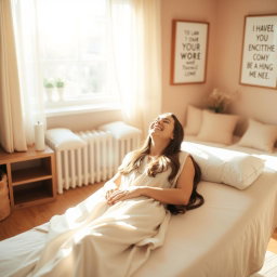 A tranquil therapy room designed for somatic therapy, showcasing a comfortable therapy couch where a person is lying back and laughing joyfully