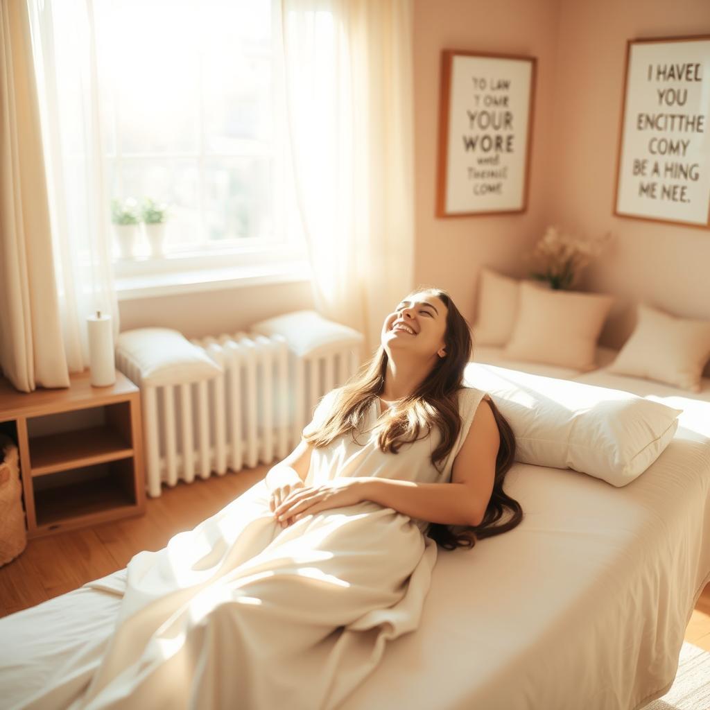 A tranquil therapy room designed for somatic therapy, showcasing a comfortable therapy couch where a person is lying back and laughing joyfully